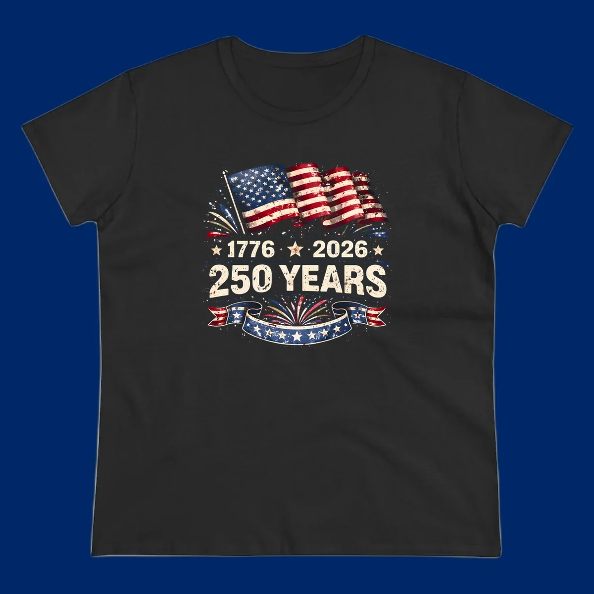 Distressed American flag design with '1776', '2026', and '250 YEARS' text, celebrating America 250 years.