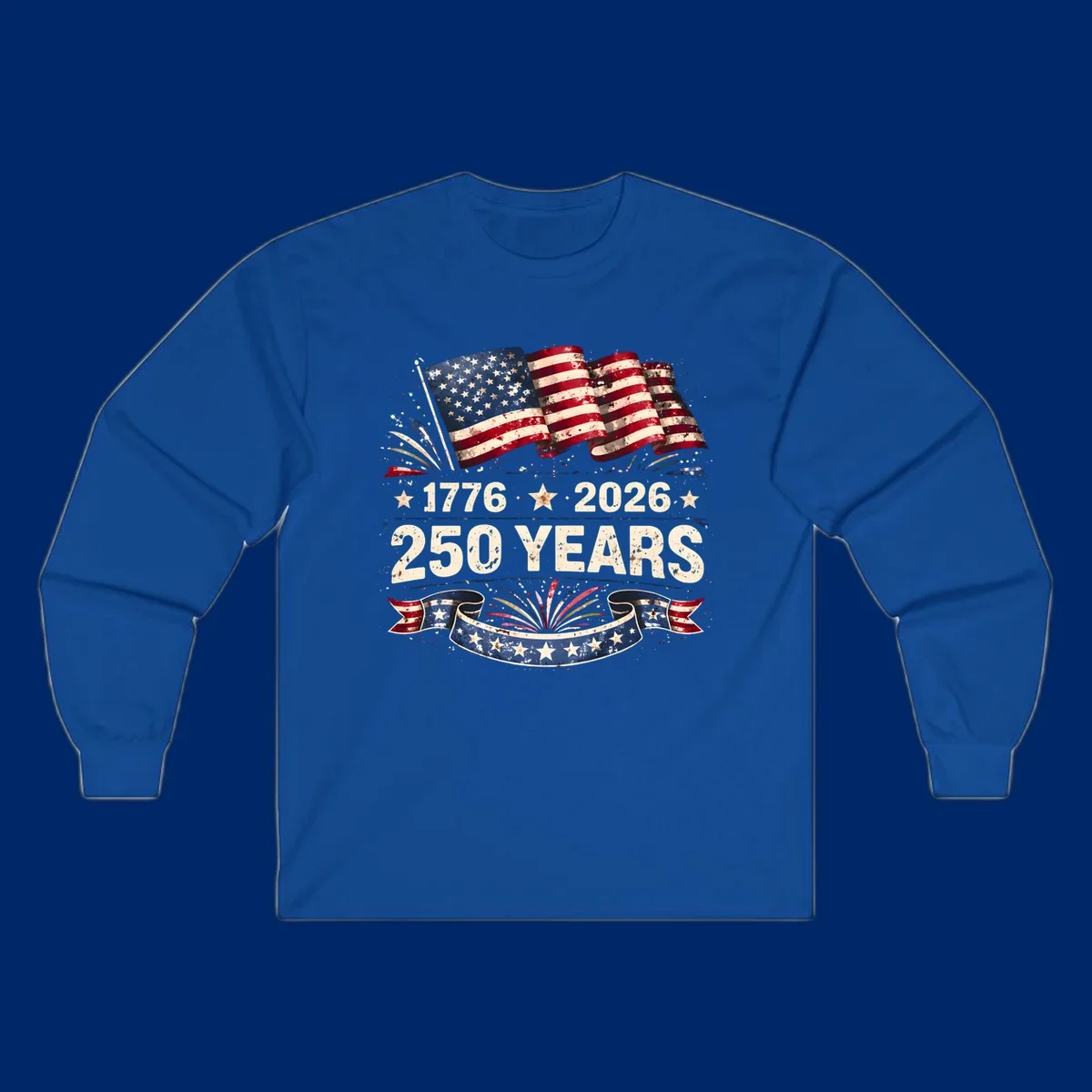 Distressed American flag design with '1776', '2026', and '250 YEARS' text, celebrating America 250 years.