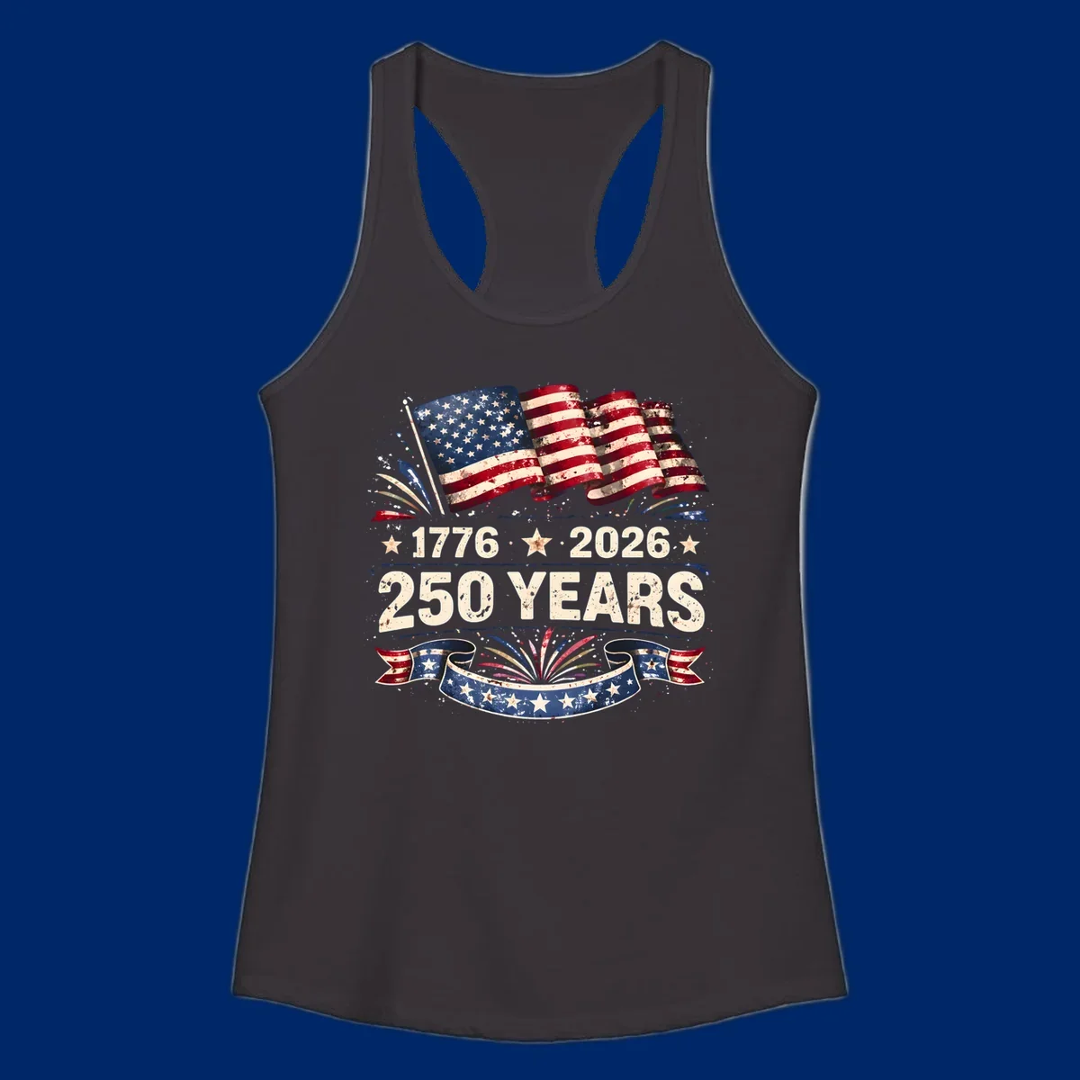 Distressed American flag design with '1776', '2026', and '250 YEARS' text, celebrating America 250 years.