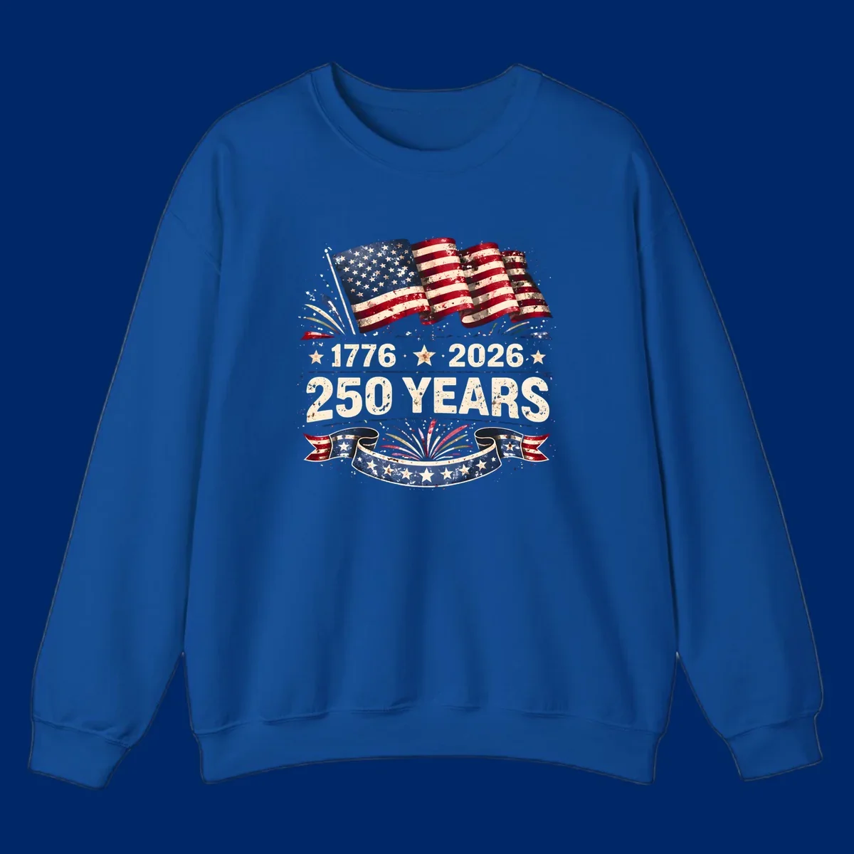 Distressed American flag design with '1776', '2026', and '250 YEARS' text, celebrating America 250 years.