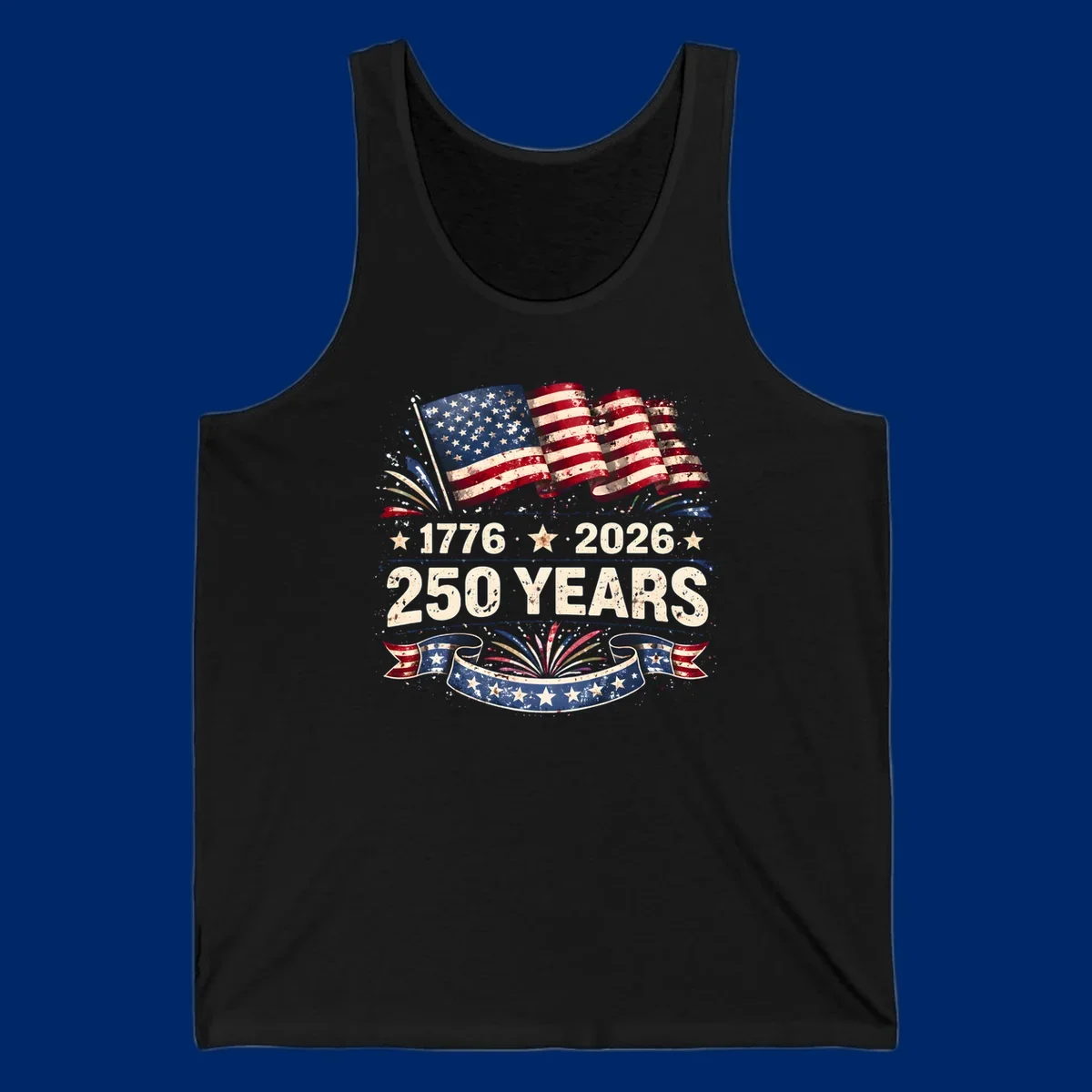 Distressed American flag design with '1776', '2026', and '250 YEARS' text, celebrating America 250 years.