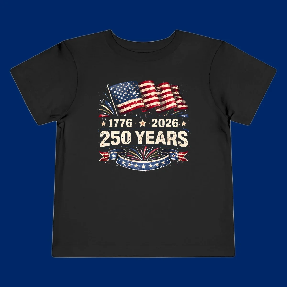 Distressed American flag design with '1776', '2026', and '250 YEARS' text, celebrating America 250 years.