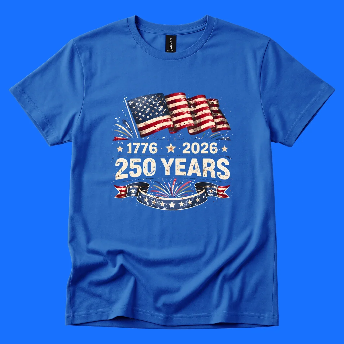 Distressed American flag design with '1776', '2026', and '250 YEARS' text, celebrating America 250 years.