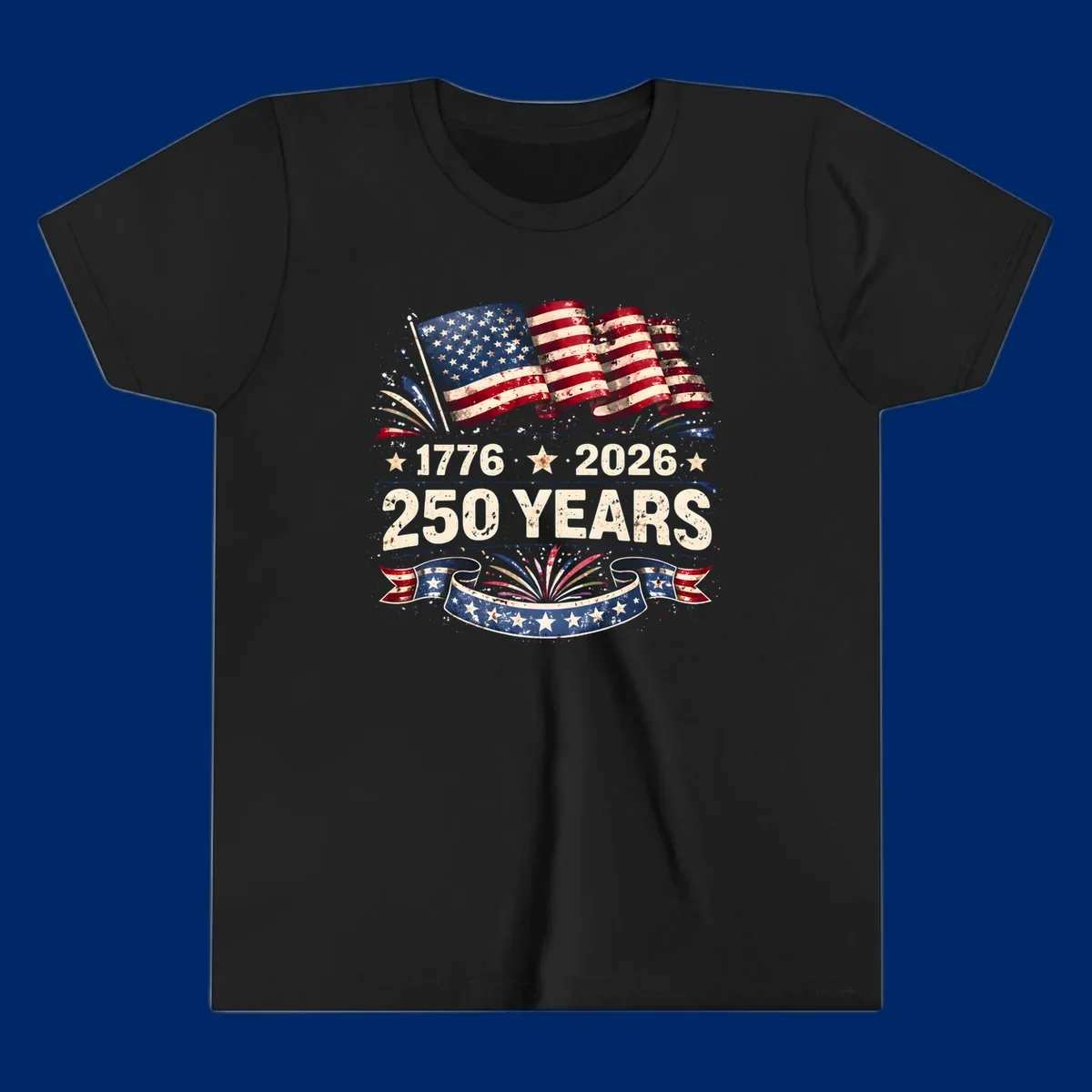 Distressed American flag design with '1776', '2026', and '250 YEARS' text, celebrating America 250 years.
