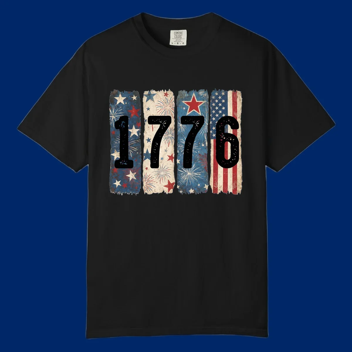 Four distressed panels display the numbers 1776 with patriotic stars, stripes, and fireworks, commemorating America's 250th anniversary. (1776-patriotic-anniversary)