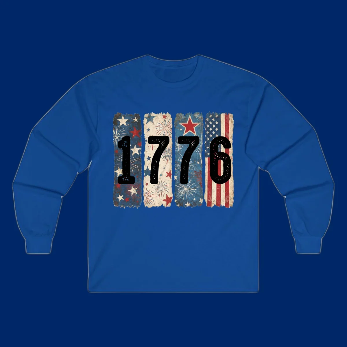 Four distressed panels display the numbers 1776 with patriotic stars, stripes, and fireworks, commemorating America's 250th anniversary. (1776-patriotic-anniversary)