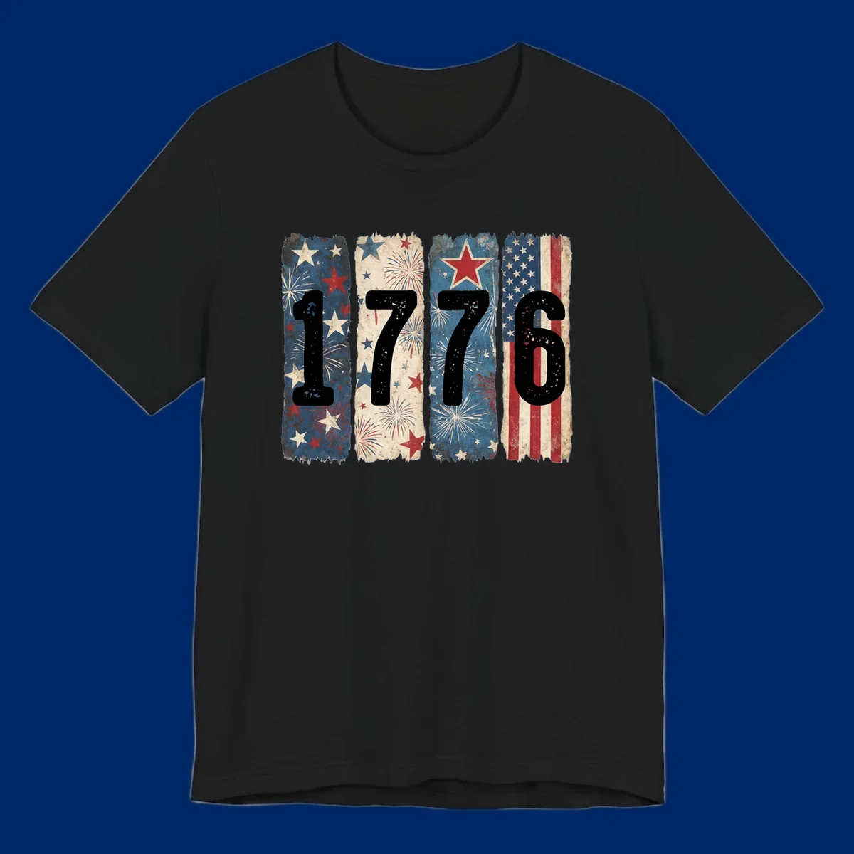 Four distressed panels display the numbers 1776 with patriotic stars, stripes, and fireworks, commemorating America's 250th anniversary. (1776-patriotic-anniversary)