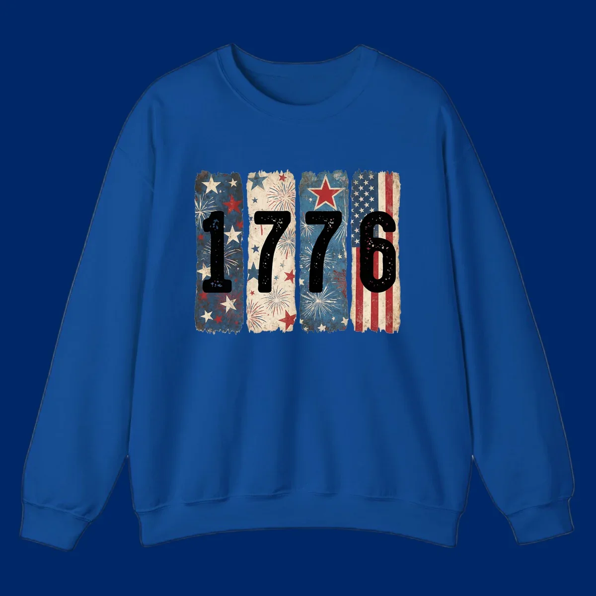 Four distressed panels display the numbers 1776 with patriotic stars, stripes, and fireworks, commemorating America's 250th anniversary. (1776-patriotic-anniversary)