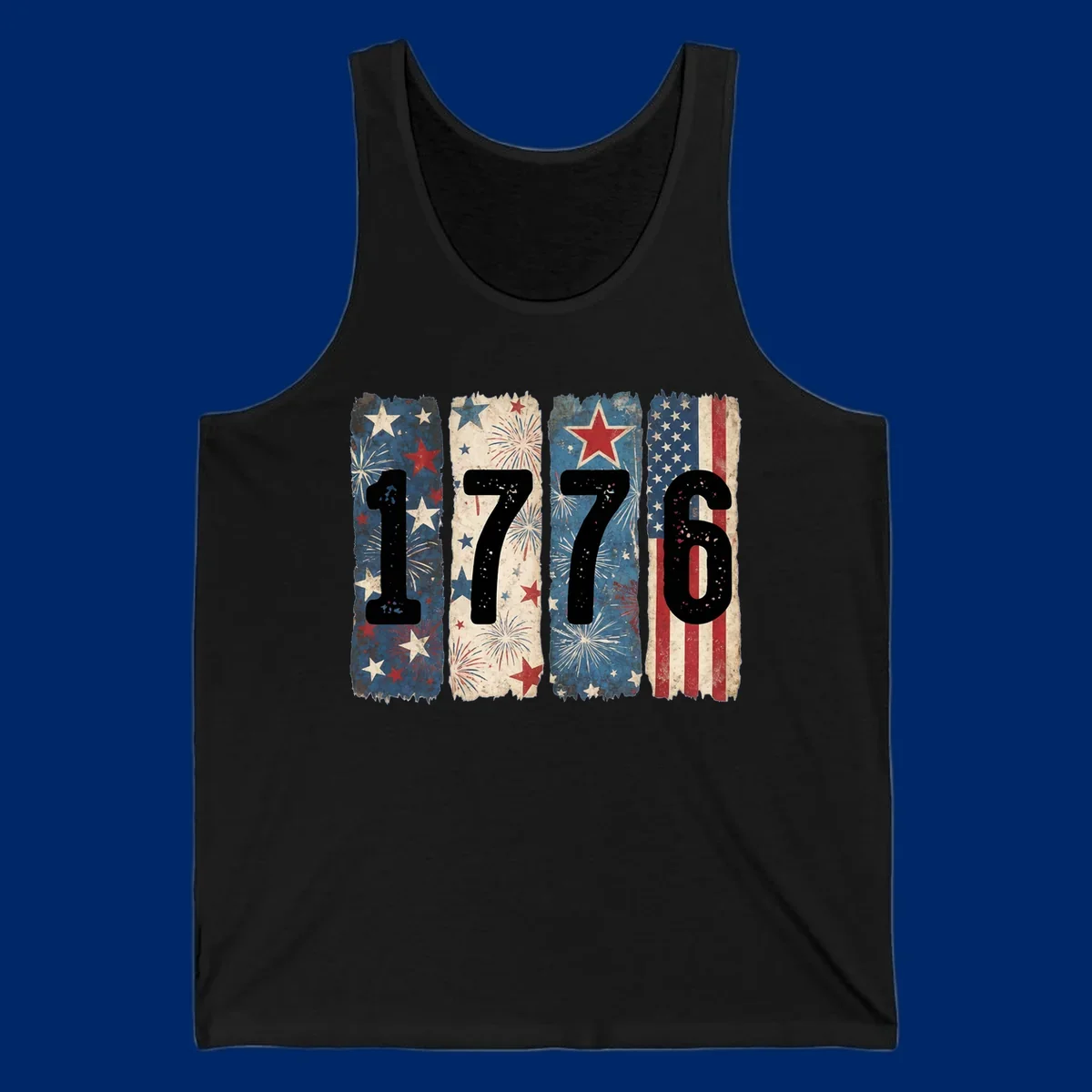 Four distressed panels display the numbers 1776 with patriotic stars, stripes, and fireworks, commemorating America's 250th anniversary. (1776-patriotic-anniversary)