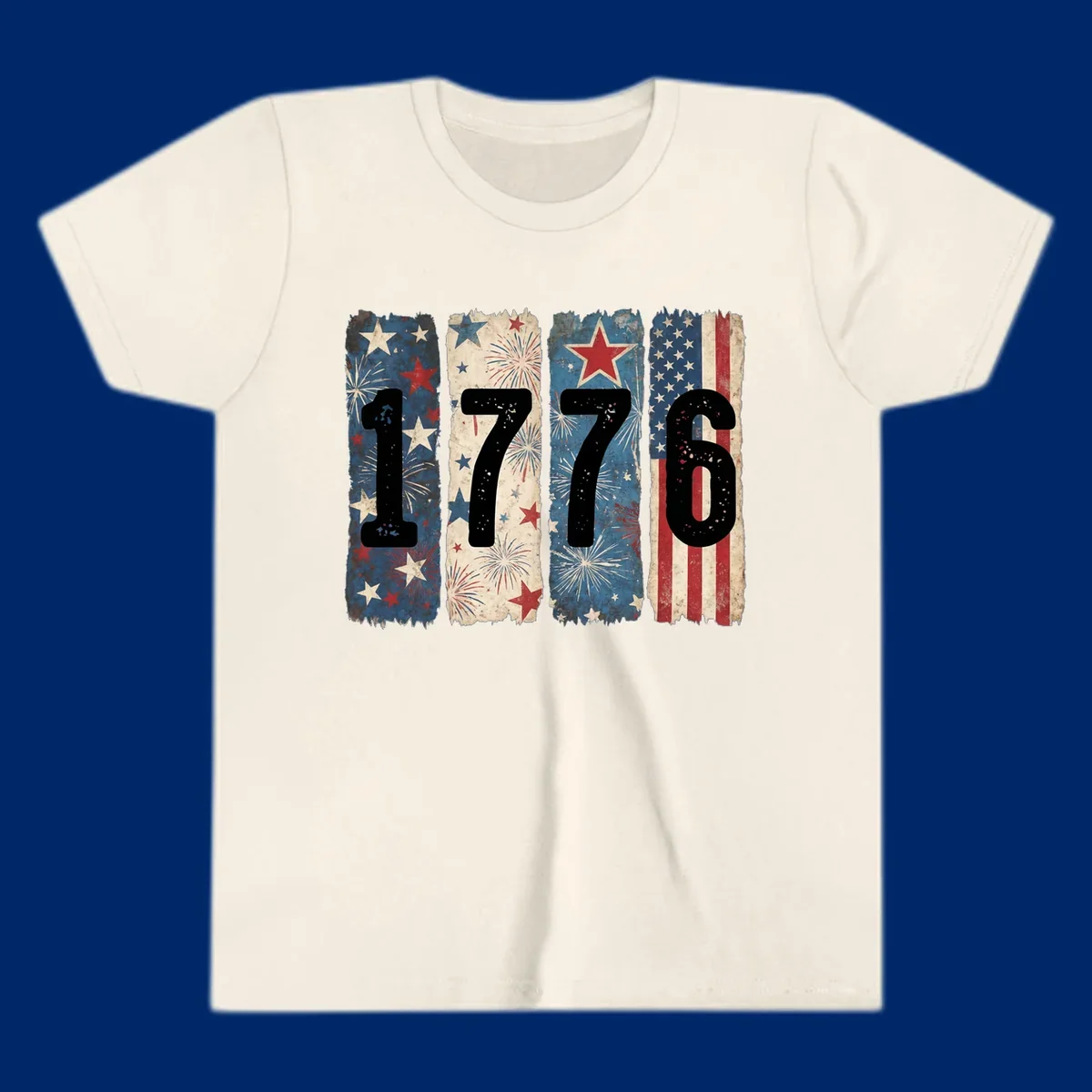 Four distressed panels display the numbers 1776 with patriotic stars, stripes, and fireworks, commemorating America's 250th anniversary. (1776-patriotic-anniversary)