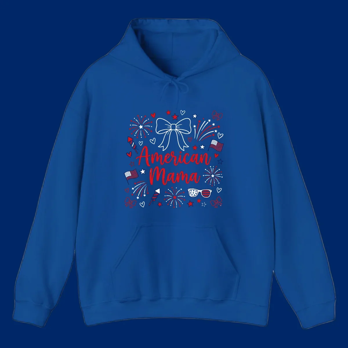 A patriotic design with 'American Mama' text, fireworks, stars, flags, and sunglasses, celebrating American Mama Fourth July.