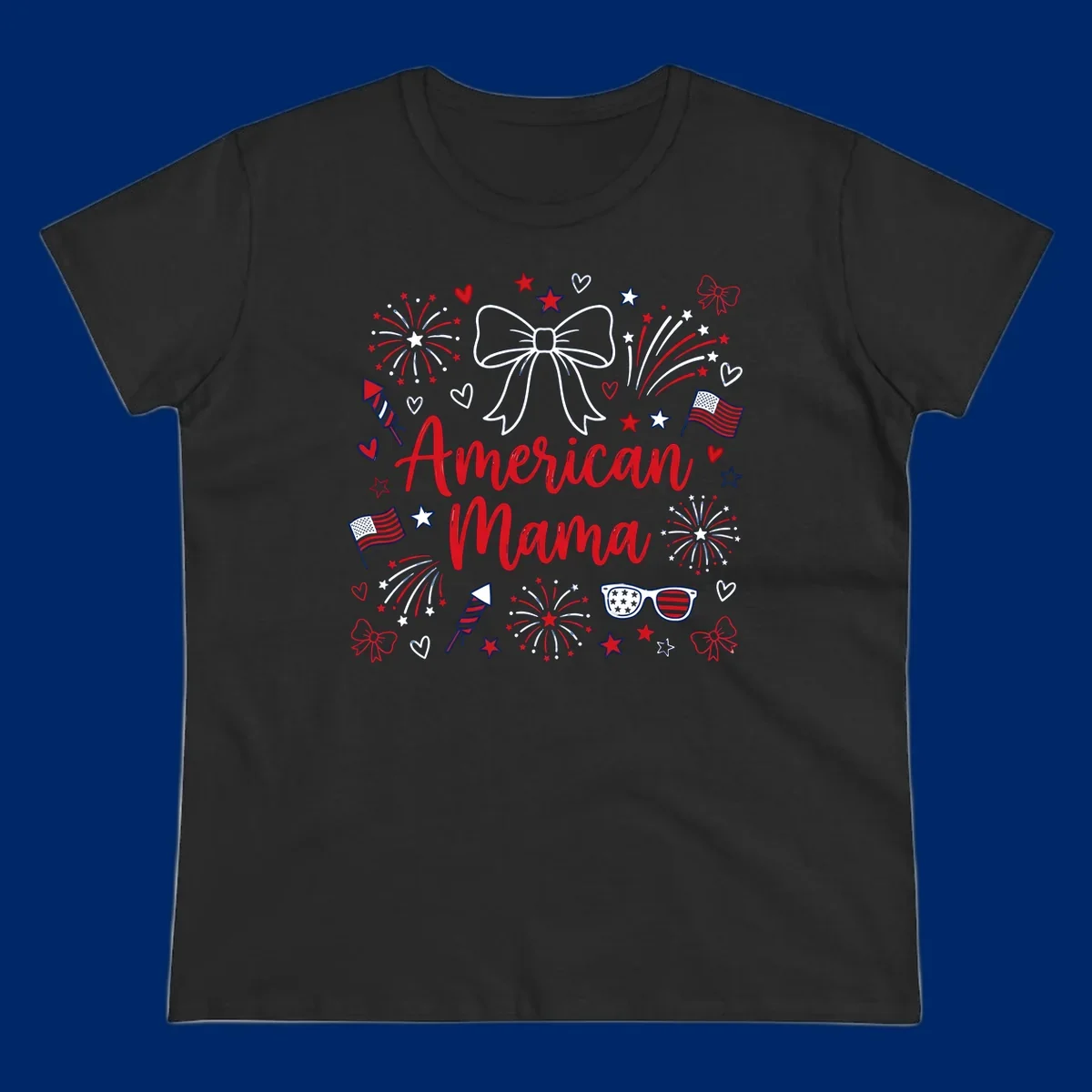 A patriotic design with 'American Mama' text, fireworks, stars, flags, and sunglasses, celebrating American Mama Fourth July.