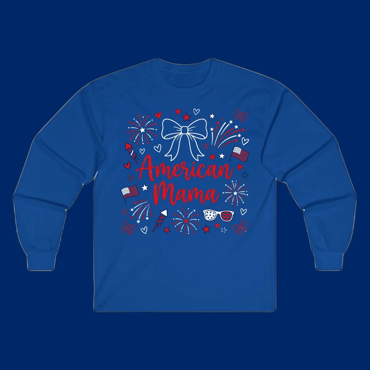 A patriotic design with 'American Mama' text, fireworks, stars, flags, and sunglasses, celebrating American Mama Fourth July.
