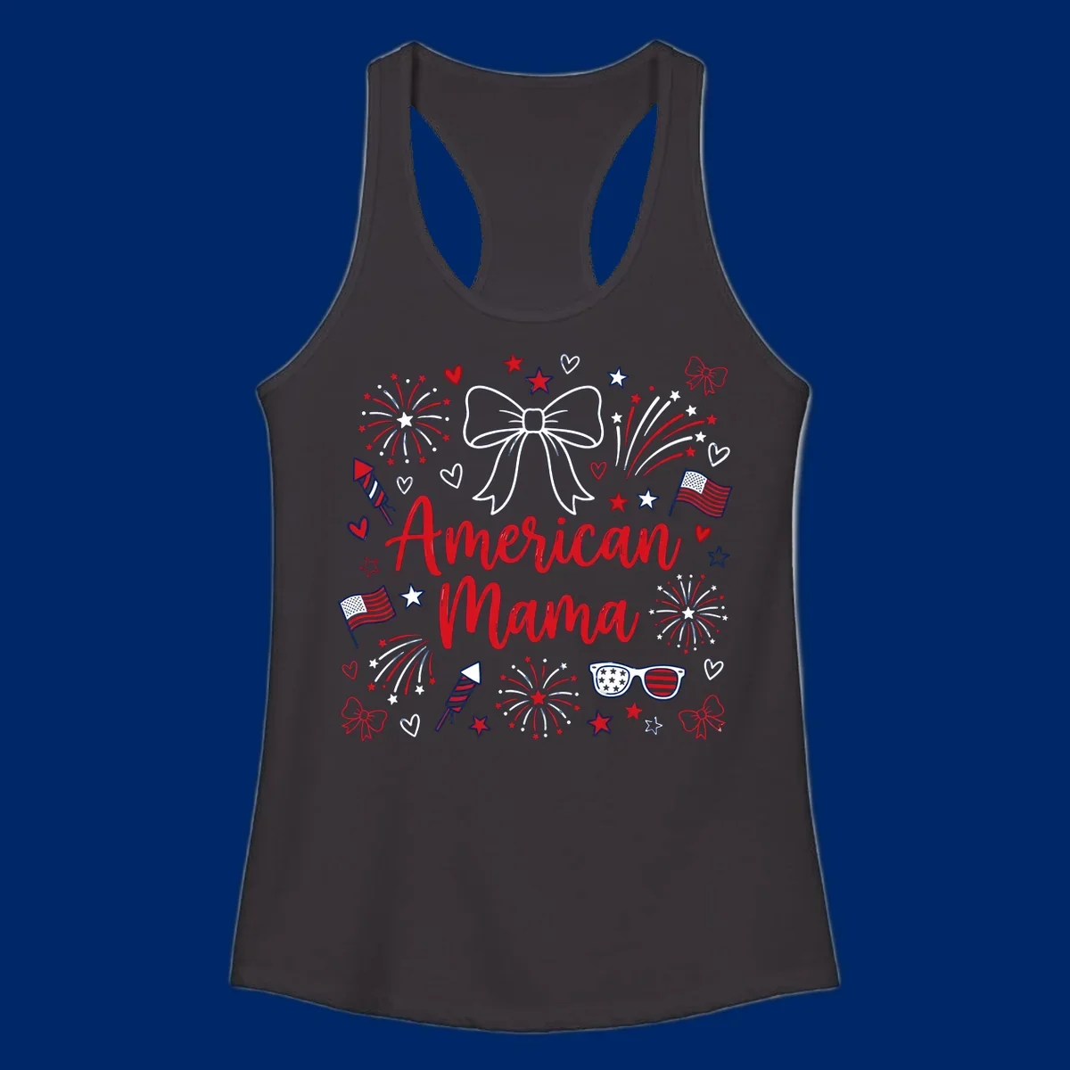 A patriotic design with 'American Mama' text, fireworks, stars, flags, and sunglasses, celebrating American Mama Fourth July.