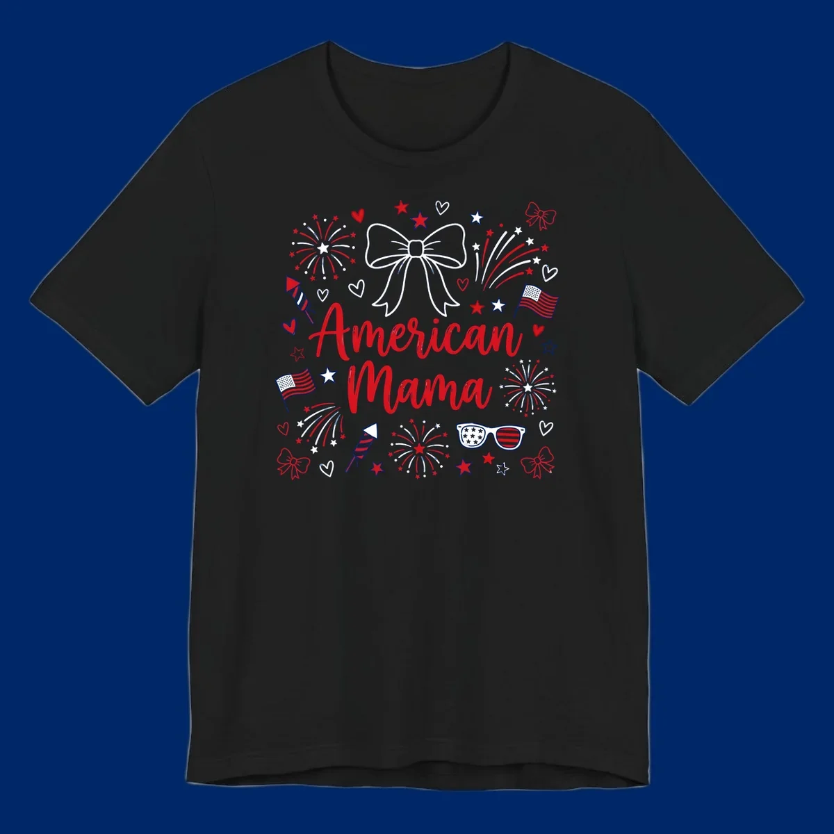 A patriotic design with 'American Mama' text, fireworks, stars, flags, and sunglasses, celebrating American Mama Fourth July.