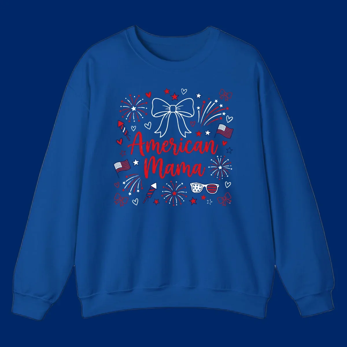 A patriotic design with 'American Mama' text, fireworks, stars, flags, and sunglasses, celebrating American Mama Fourth July.