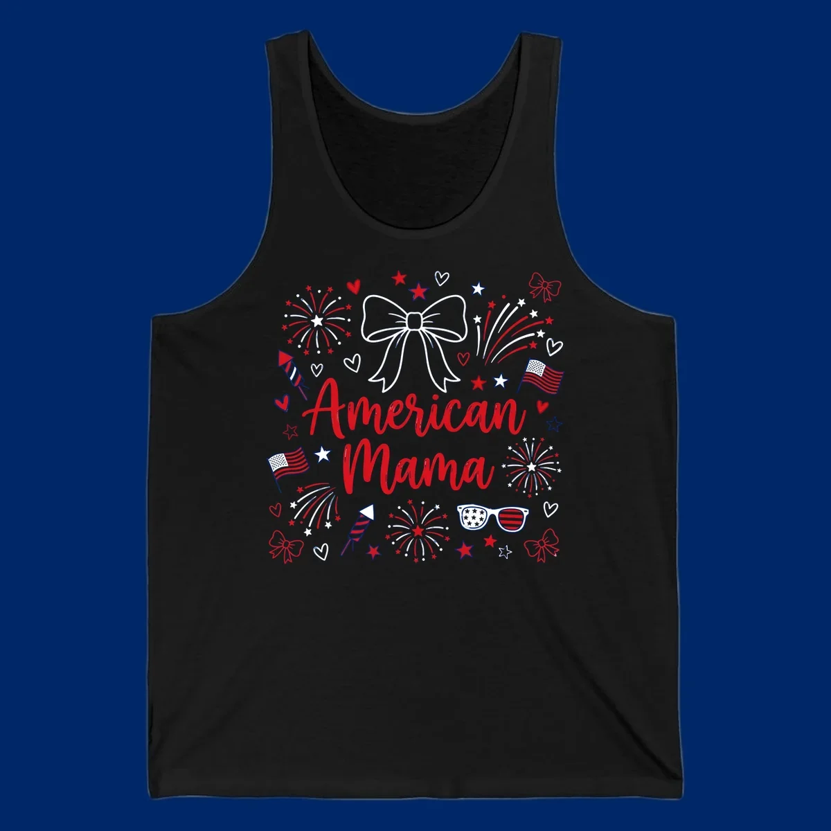 A patriotic design with 'American Mama' text, fireworks, stars, flags, and sunglasses, celebrating American Mama Fourth July.