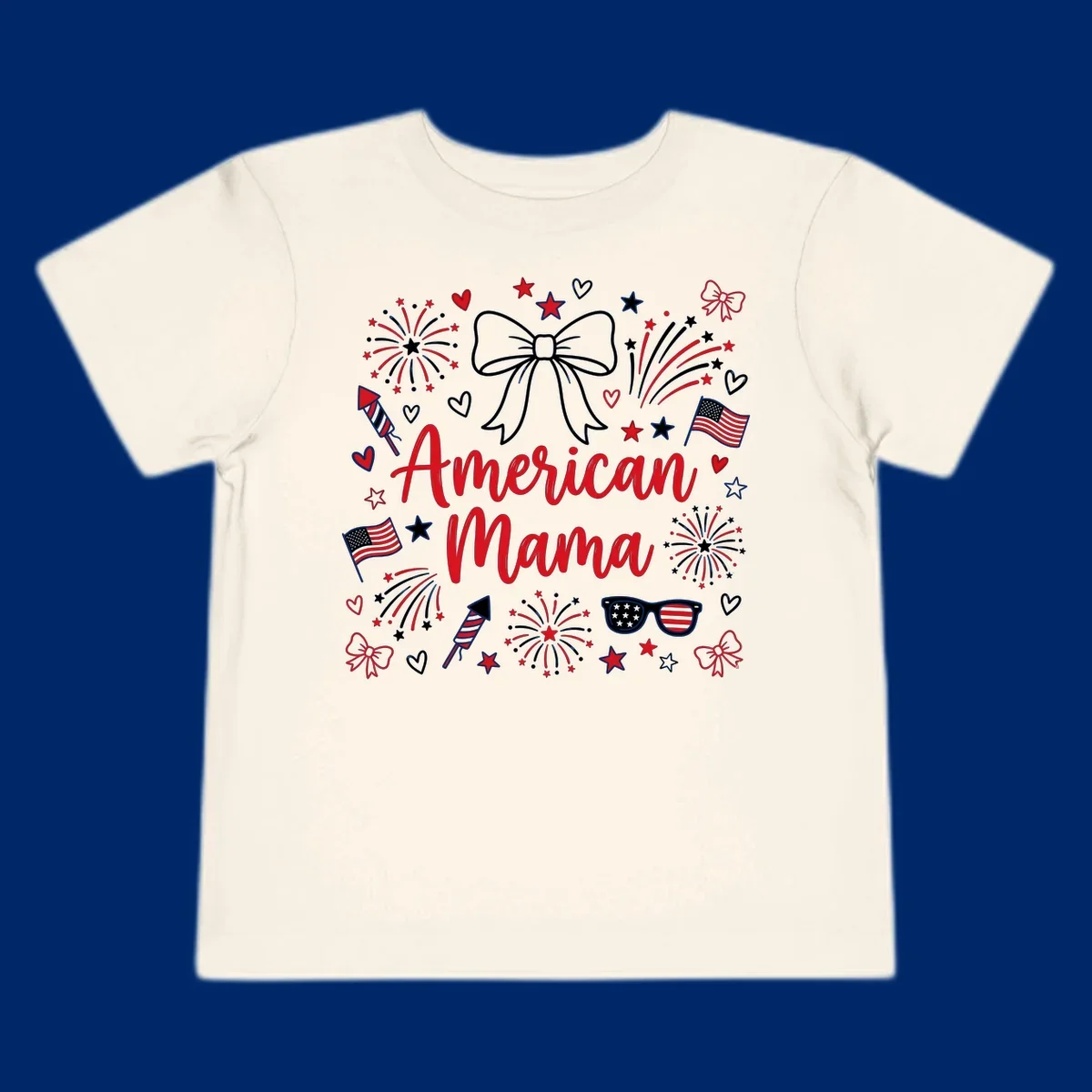A patriotic design with 'American Mama' text, fireworks, stars, flags, and sunglasses, celebrating American Mama Fourth July.