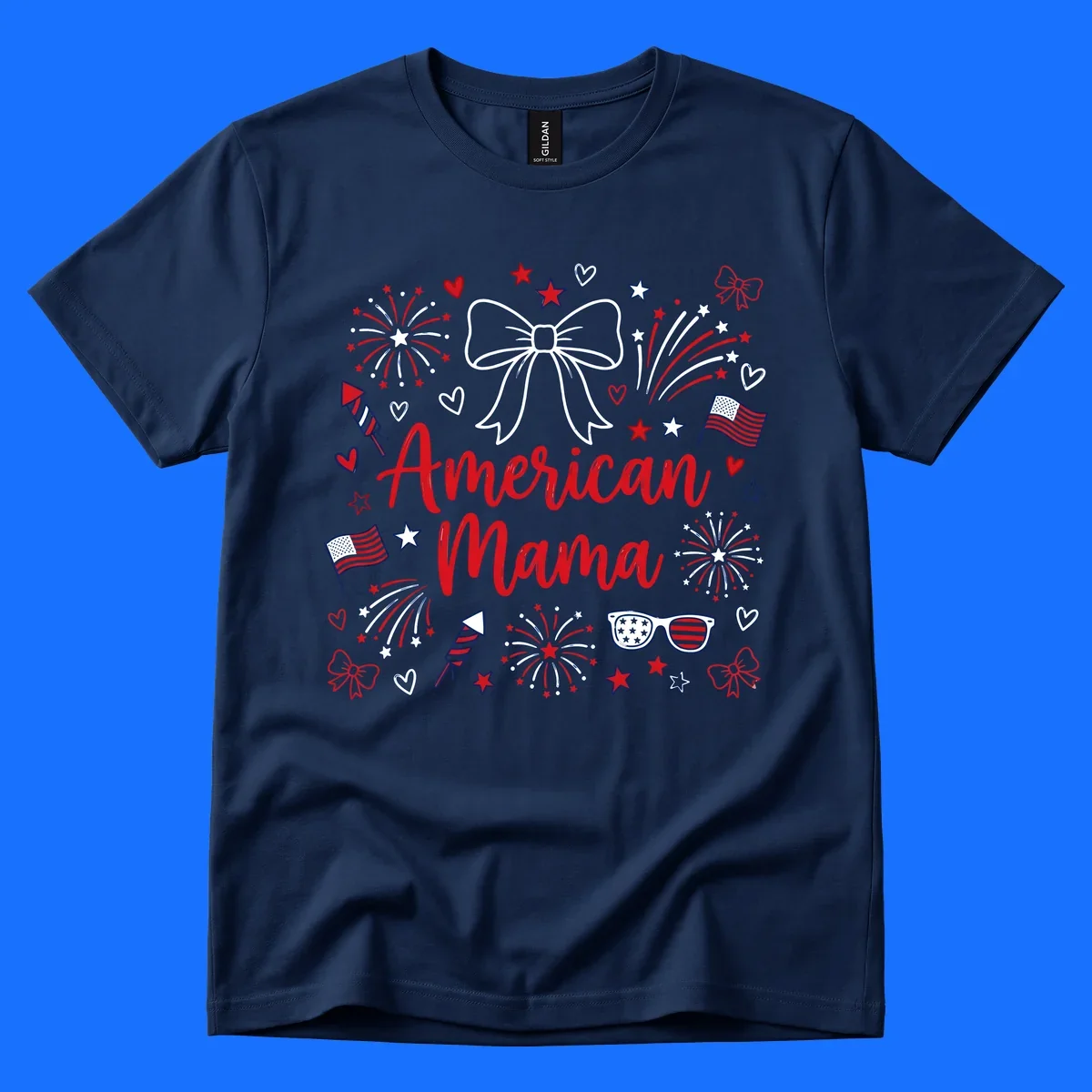 A patriotic design with 'American Mama' text, fireworks, stars, flags, and sunglasses, celebrating American Mama Fourth July.