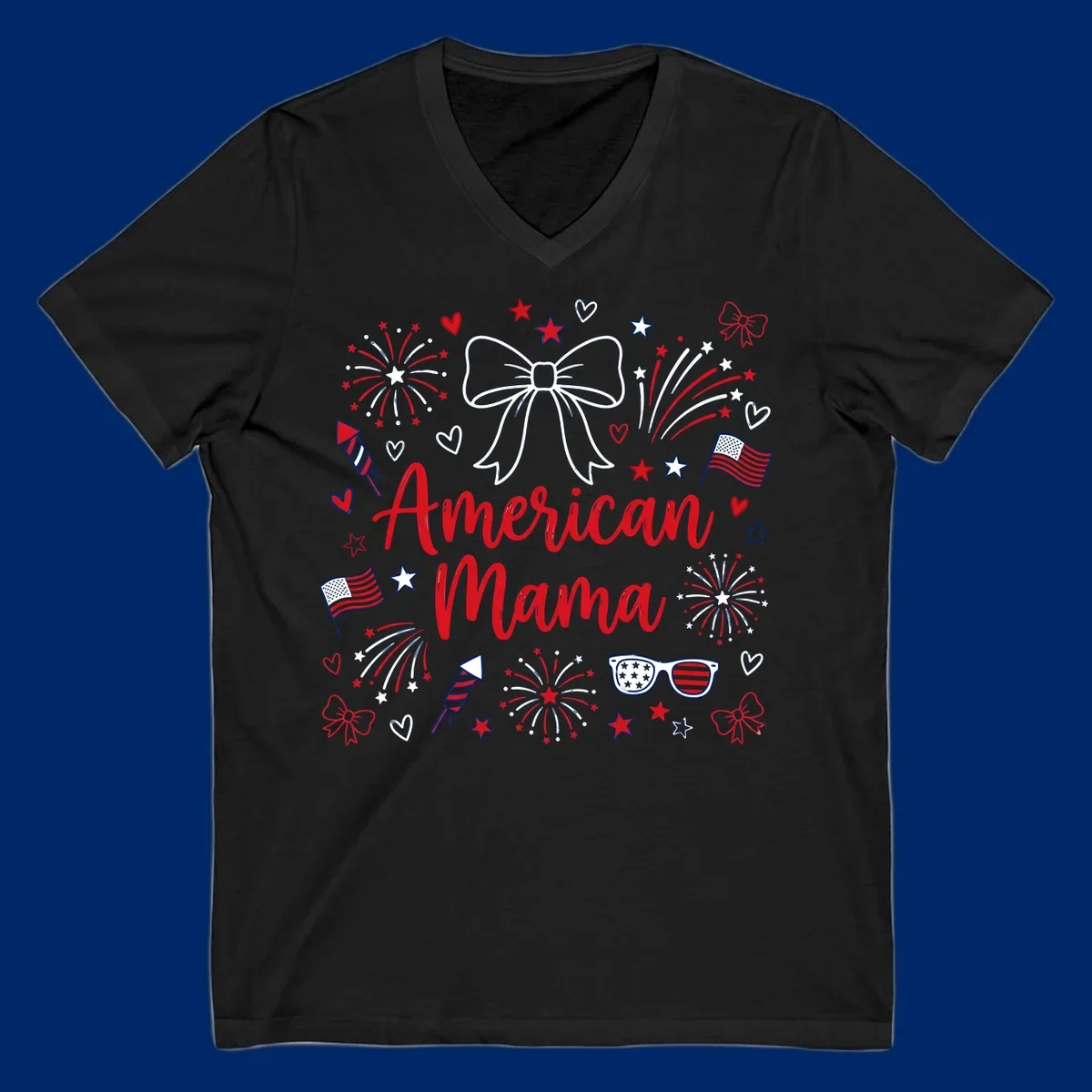 A patriotic design with 'American Mama' text, fireworks, stars, flags, and sunglasses, celebrating American Mama Fourth July.