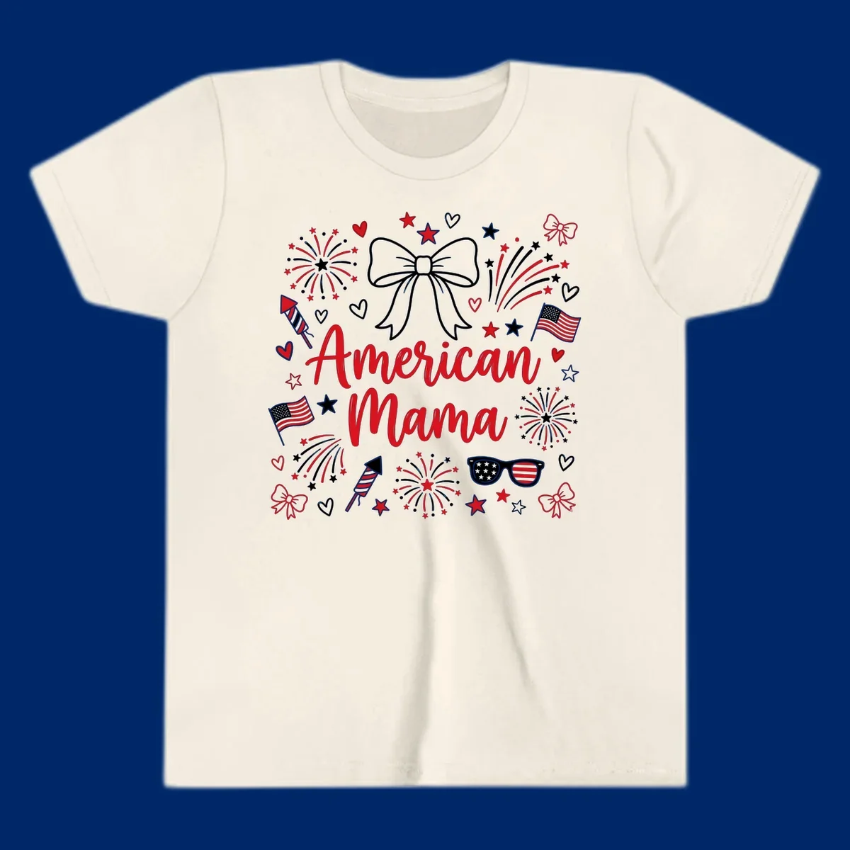 A patriotic design with 'American Mama' text, fireworks, stars, flags, and sunglasses, celebrating American Mama Fourth July.