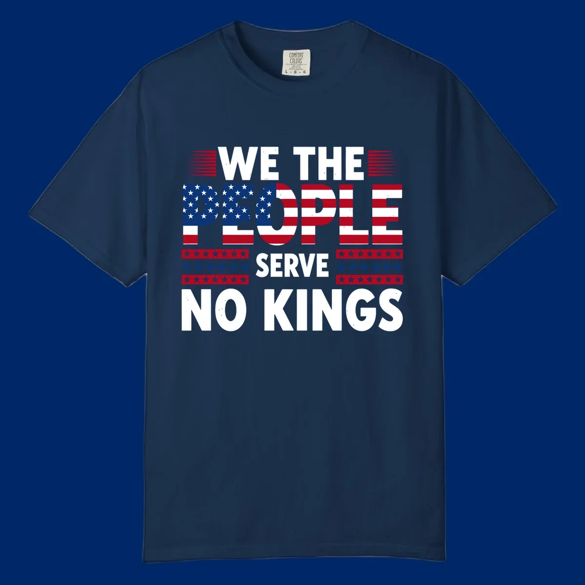 A patriotic design featuring 'WE THE PEOPLE' in American flag stars and stripes, framed by stylized flag elements. This we-the-people-flag-text design celebrates America's heritage.