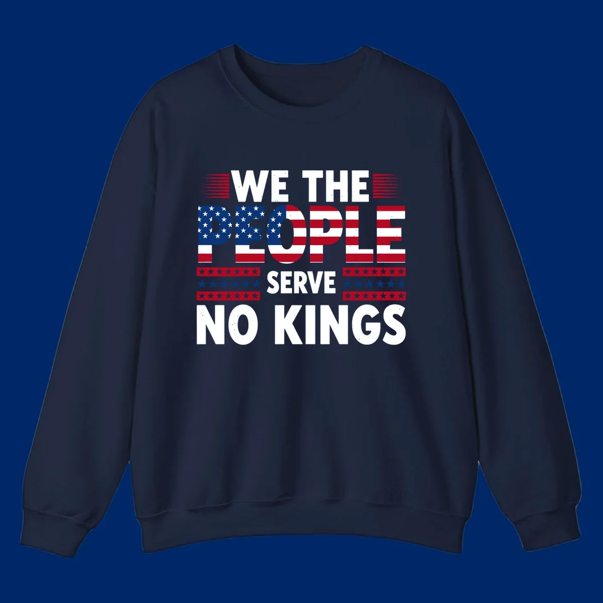 A patriotic design featuring 'WE THE PEOPLE' in American flag stars and stripes, framed by stylized flag elements. This we-the-people-flag-text design celebrates America's heritage.