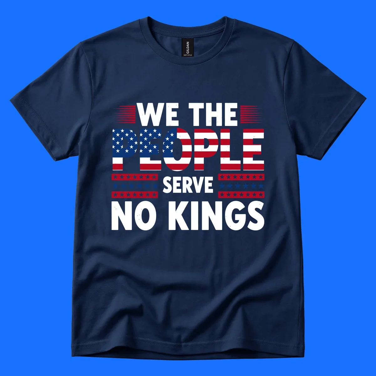 A patriotic design featuring 'WE THE PEOPLE' in American flag stars and stripes, framed by stylized flag elements. This we-the-people-flag-text design celebrates America's heritage.