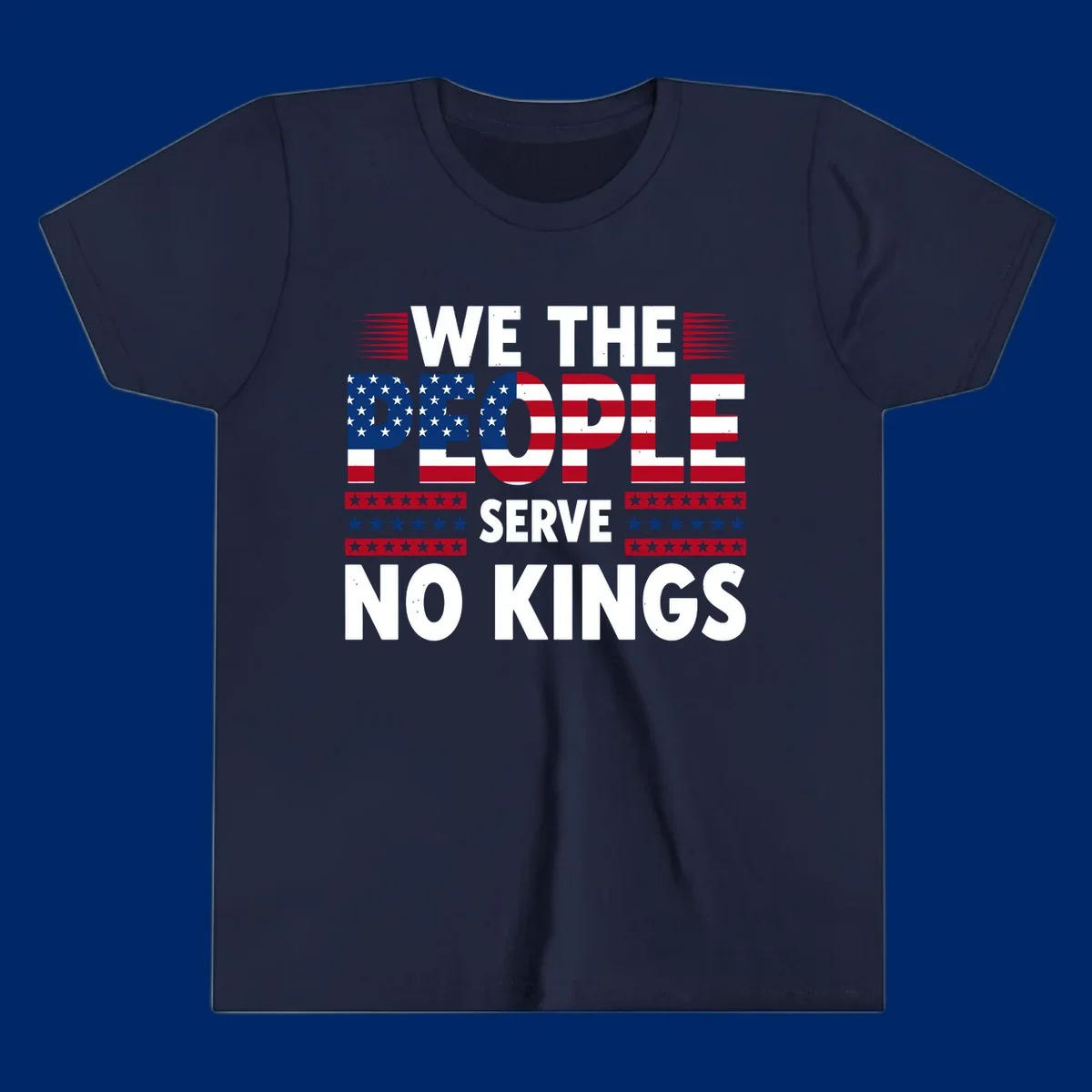 A patriotic design featuring 'WE THE PEOPLE' in American flag stars and stripes, framed by stylized flag elements. This we-the-people-flag-text design celebrates America's heritage.