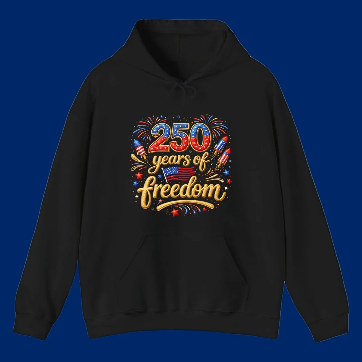 A vibrant design reading '250 years of freedom' with patriotic fireworks, rockets, stars, and an American flag, celebrating America's 250th anniversary.