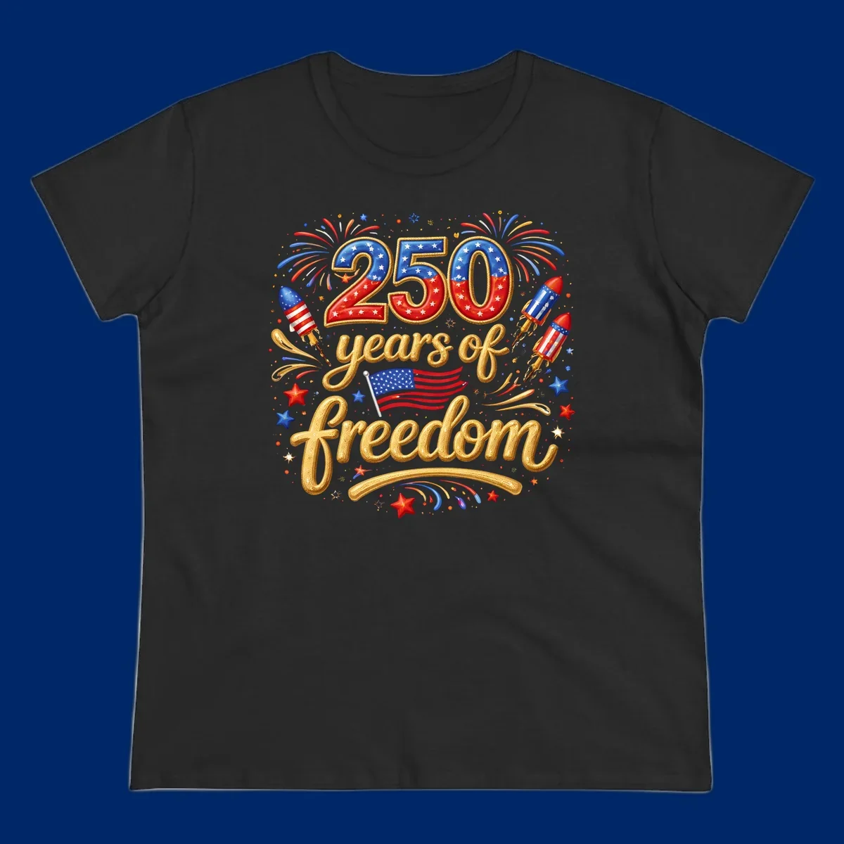 A vibrant design reading '250 years of freedom' with patriotic fireworks, rockets, stars, and an American flag, celebrating America's 250th anniversary.
