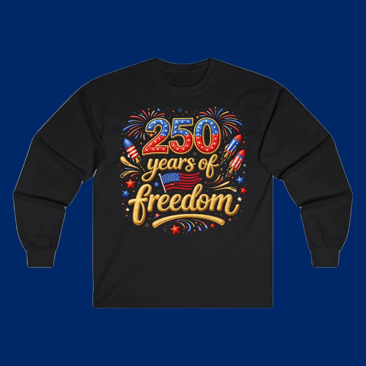 A vibrant design reading '250 years of freedom' with patriotic fireworks, rockets, stars, and an American flag, celebrating America's 250th anniversary.
