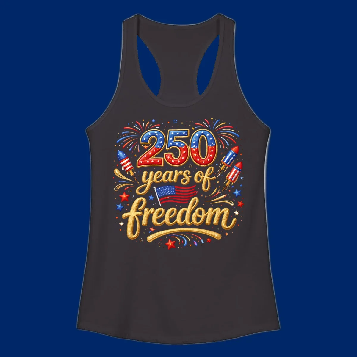 A vibrant design reading '250 years of freedom' with patriotic fireworks, rockets, stars, and an American flag, celebrating America's 250th anniversary.