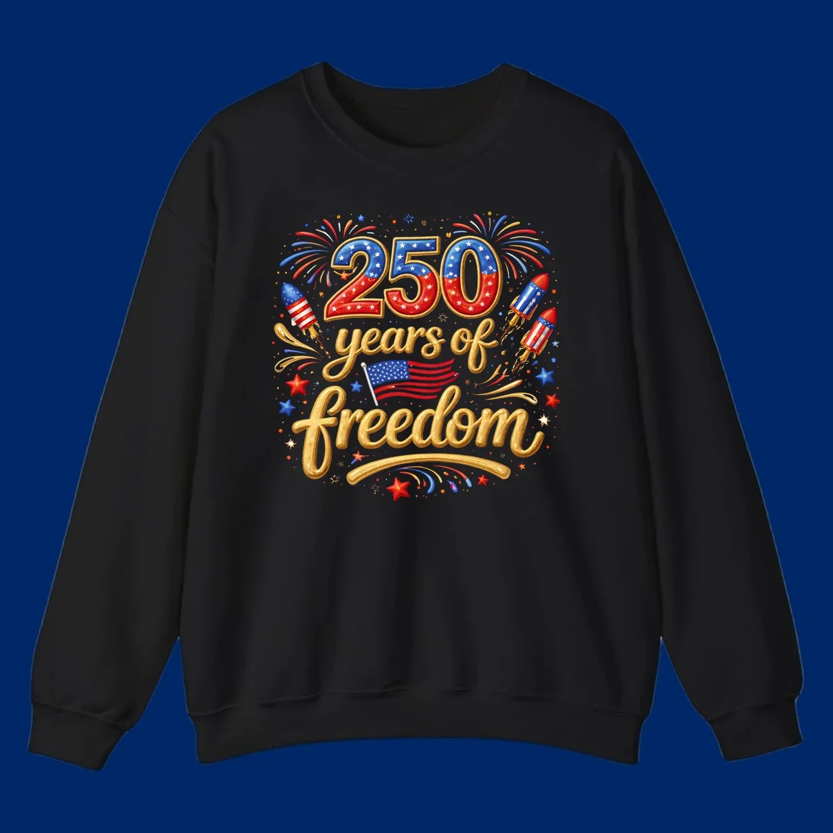 A vibrant design reading '250 years of freedom' with patriotic fireworks, rockets, stars, and an American flag, celebrating America's 250th anniversary.