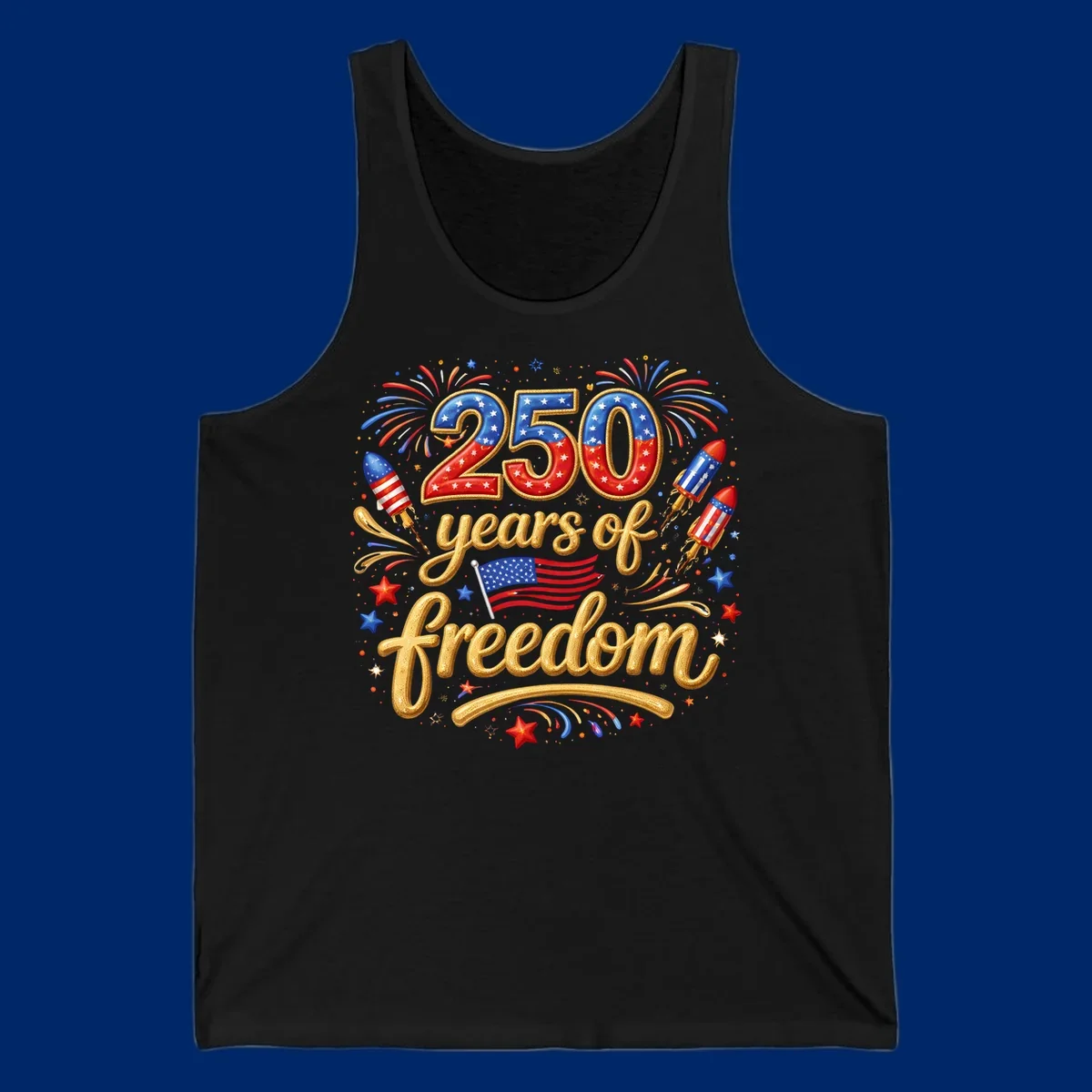 A vibrant design reading '250 years of freedom' with patriotic fireworks, rockets, stars, and an American flag, celebrating America's 250th anniversary.