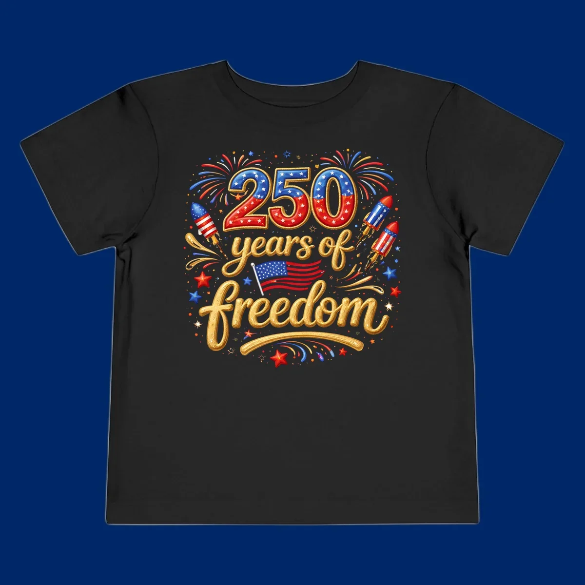 A vibrant design reading '250 years of freedom' with patriotic fireworks, rockets, stars, and an American flag, celebrating America's 250th anniversary.