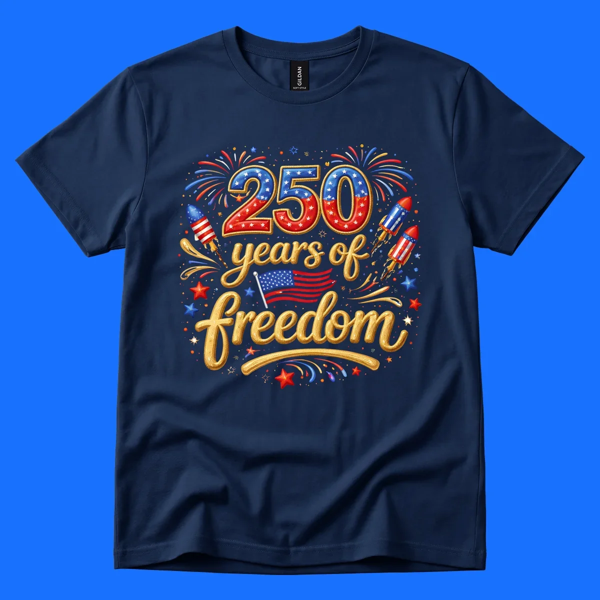 A vibrant design reading '250 years of freedom' with patriotic fireworks, rockets, stars, and an American flag, celebrating America's 250th anniversary.