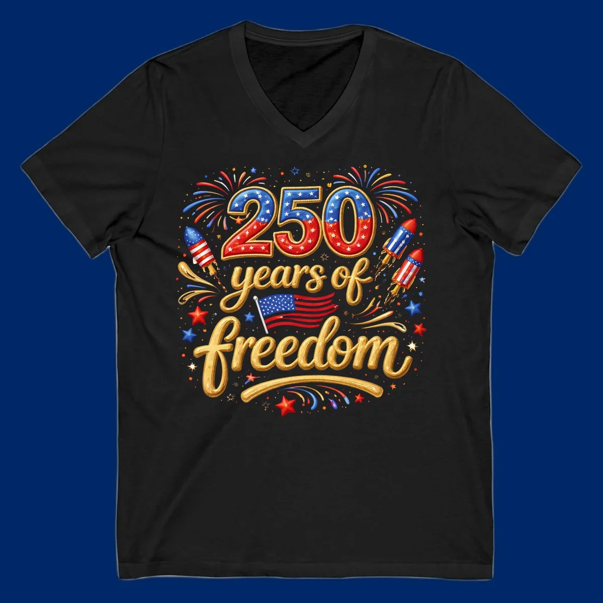 A vibrant design reading '250 years of freedom' with patriotic fireworks, rockets, stars, and an American flag, celebrating America's 250th anniversary.