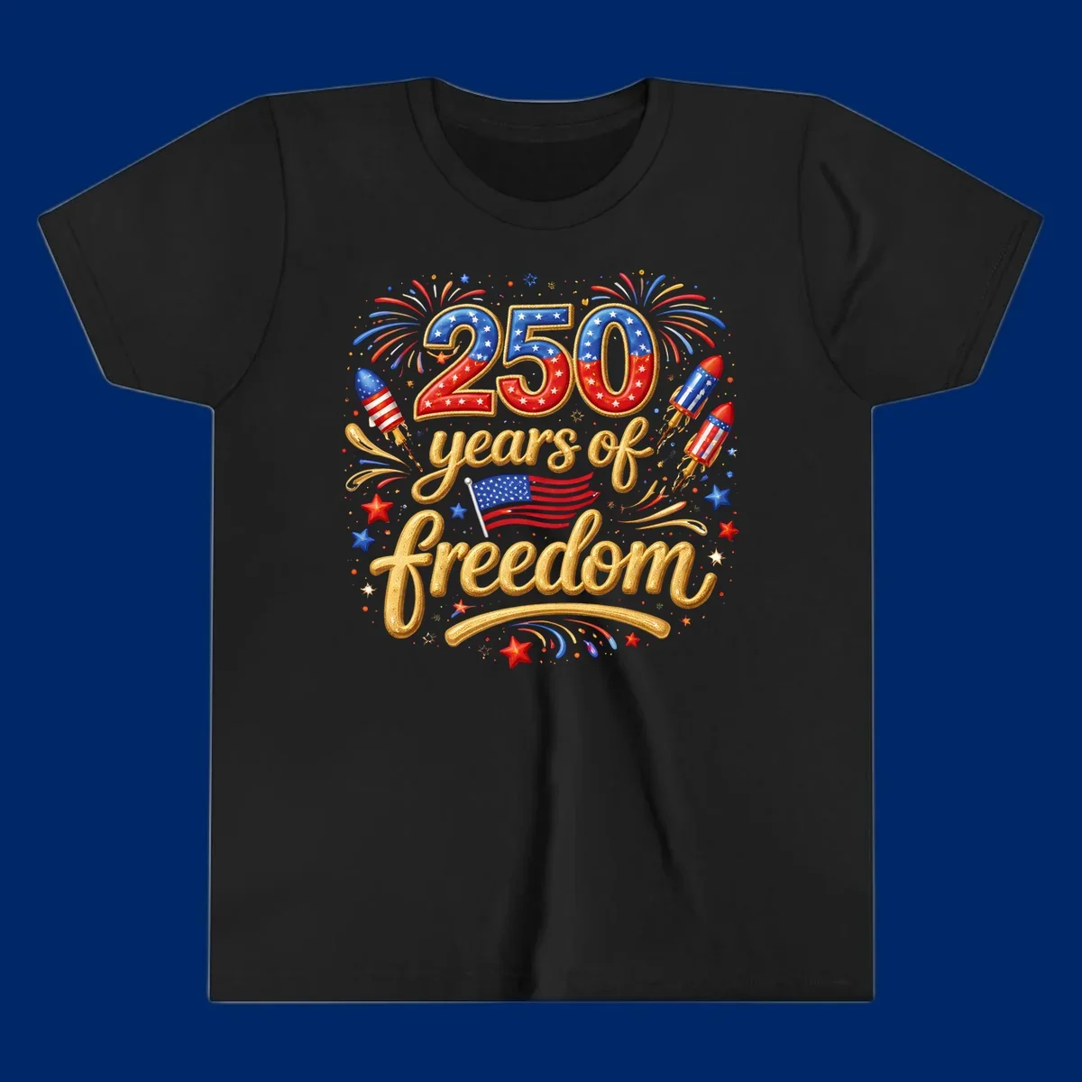 A vibrant design reading '250 years of freedom' with patriotic fireworks, rockets, stars, and an American flag, celebrating America's 250th anniversary.