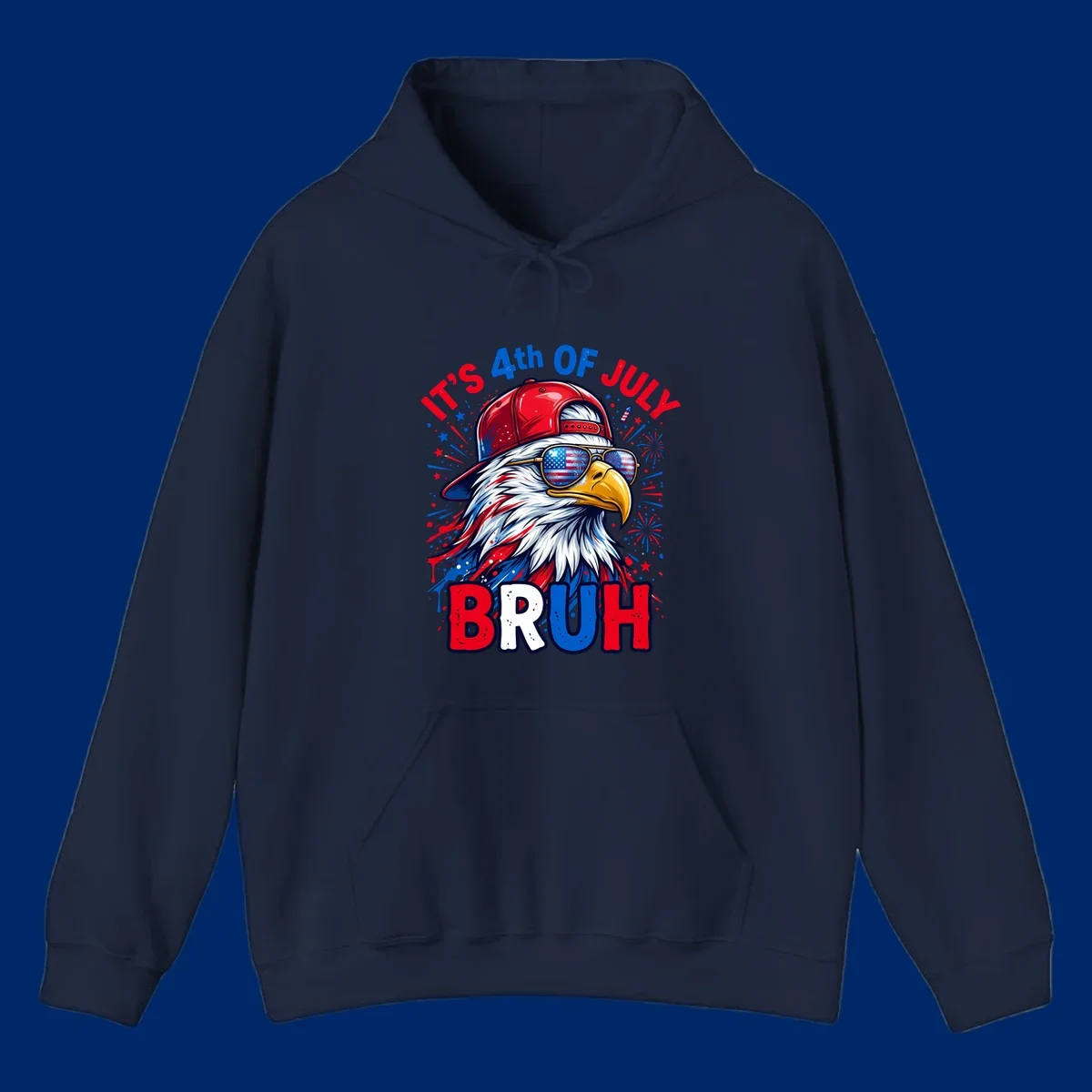 An illustrated bald eagle wearing a red cap and American flag sunglasses with fireworks and the text 'IT'S 4th OF JULY BRUH', emphasizing the fourth-of-july-bruh-eagle concept.
