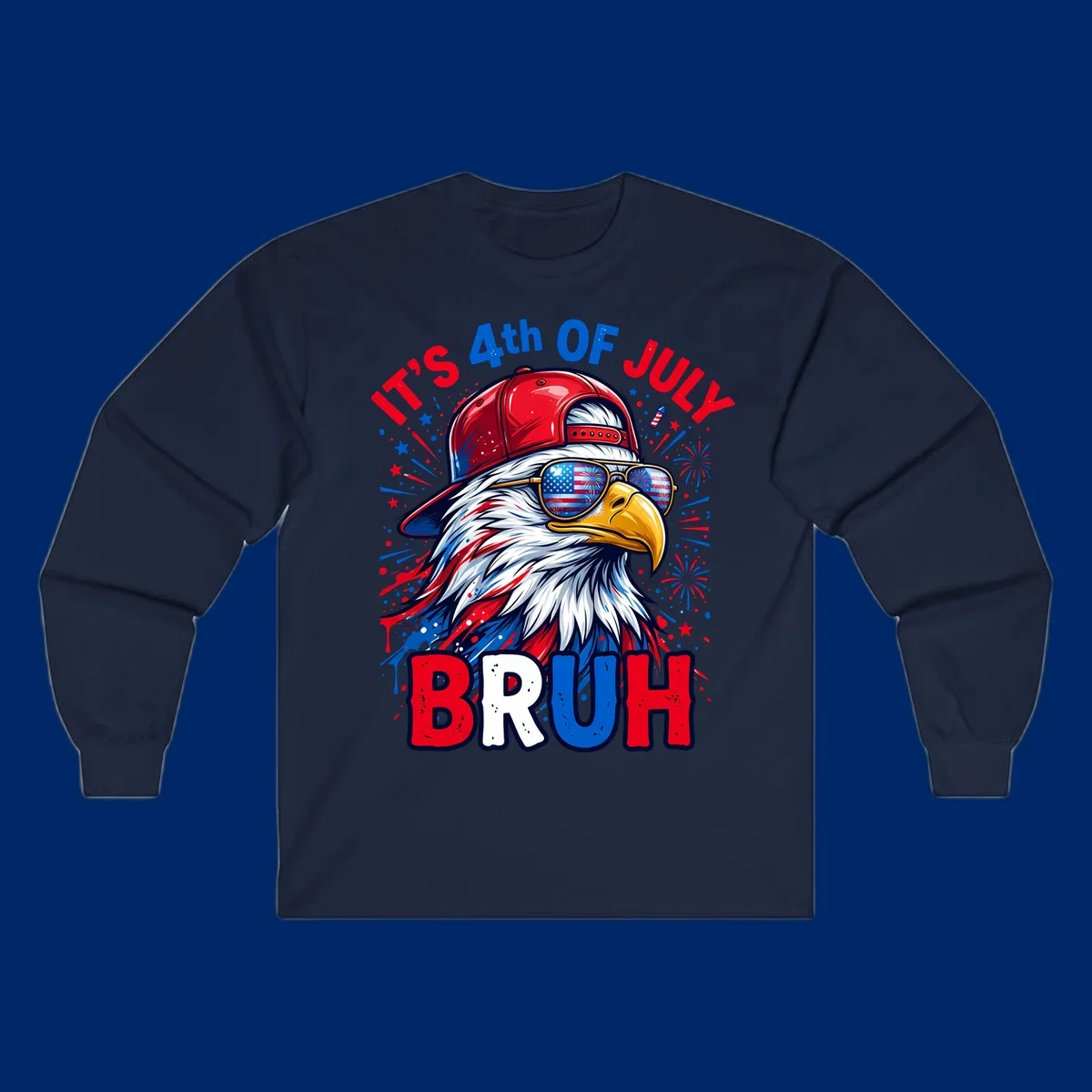 An illustrated bald eagle wearing a red cap and American flag sunglasses with fireworks and the text 'IT'S 4th OF JULY BRUH', emphasizing the fourth-of-july-bruh-eagle concept.