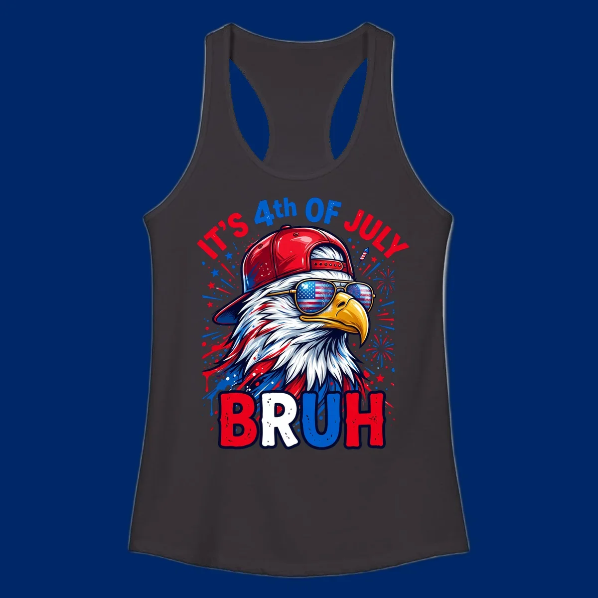 An illustrated bald eagle wearing a red cap and American flag sunglasses with fireworks and the text 'IT'S 4th OF JULY BRUH', emphasizing the fourth-of-july-bruh-eagle concept.