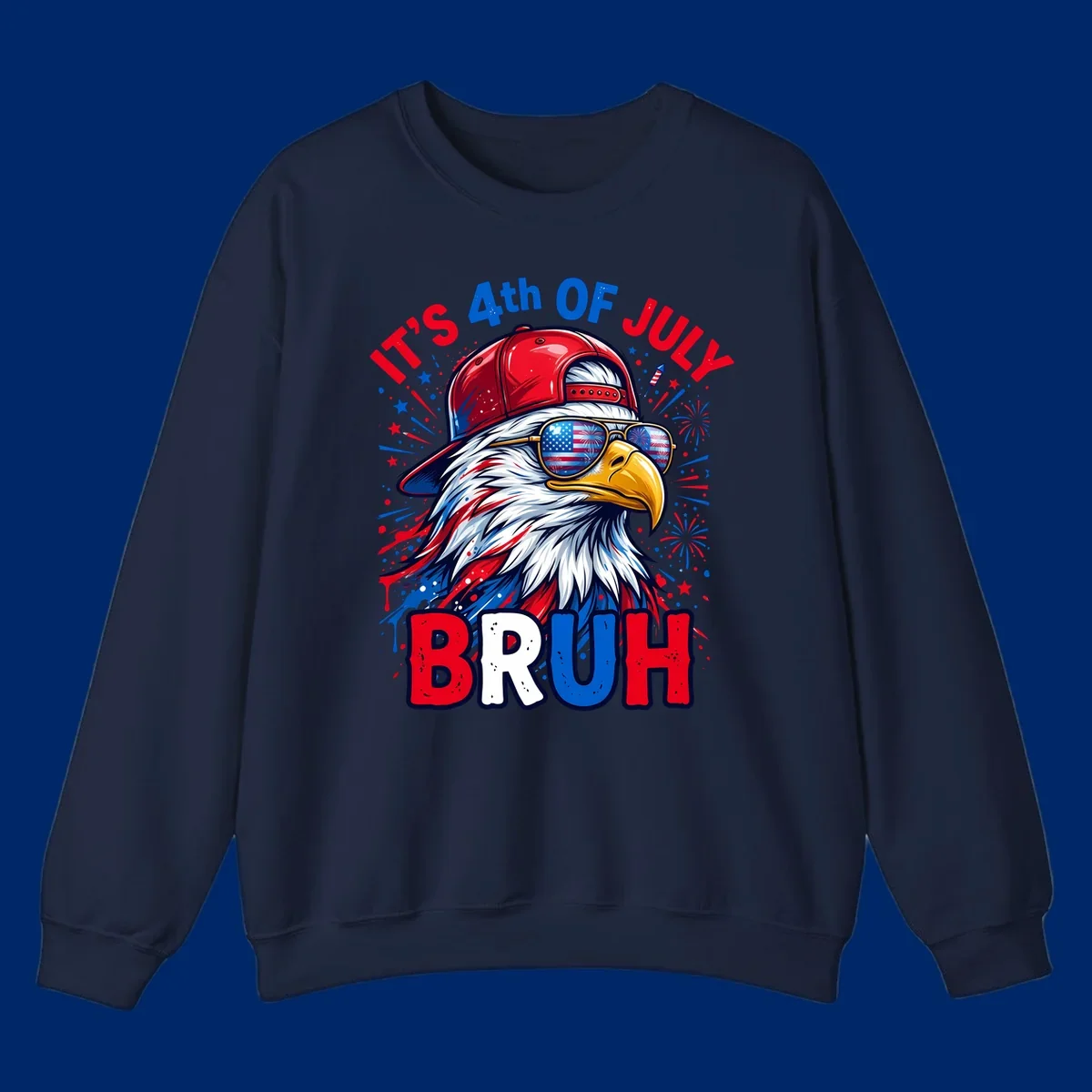 An illustrated bald eagle wearing a red cap and American flag sunglasses with fireworks and the text 'IT'S 4th OF JULY BRUH', emphasizing the fourth-of-july-bruh-eagle concept.