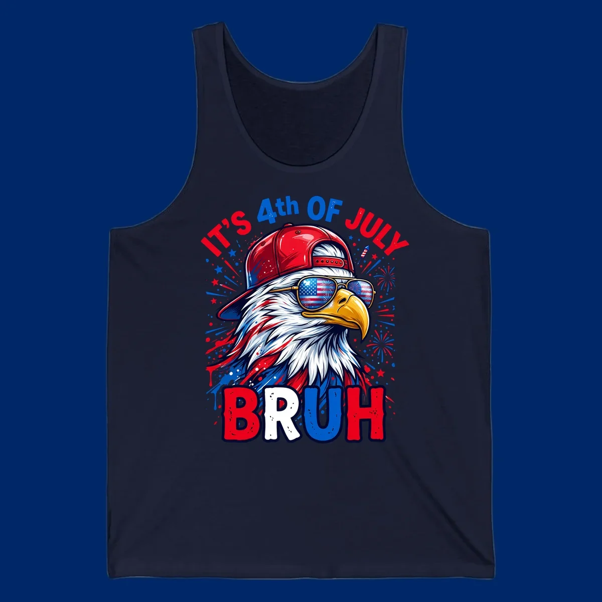 An illustrated bald eagle wearing a red cap and American flag sunglasses with fireworks and the text 'IT'S 4th OF JULY BRUH', emphasizing the fourth-of-july-bruh-eagle concept.