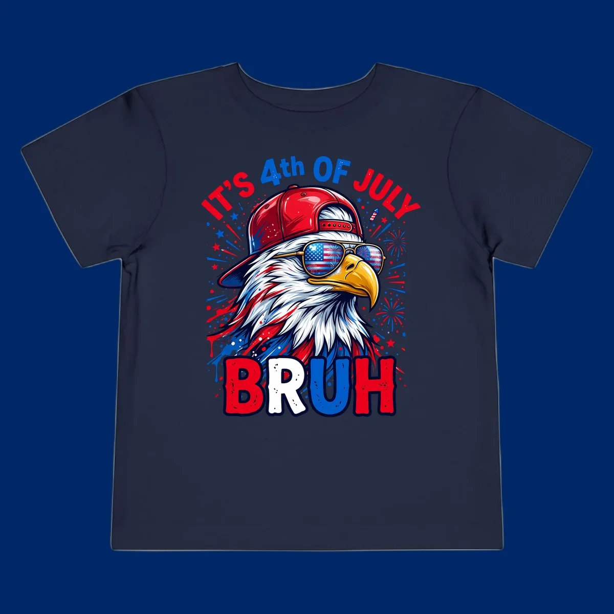 An illustrated bald eagle wearing a red cap and American flag sunglasses with fireworks and the text 'IT'S 4th OF JULY BRUH', emphasizing the fourth-of-july-bruh-eagle concept.