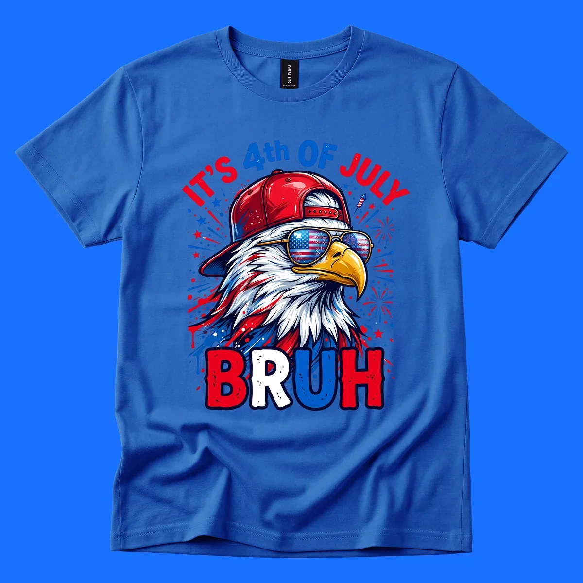 An illustrated bald eagle wearing a red cap and American flag sunglasses with fireworks and the text 'IT'S 4th OF JULY BRUH', emphasizing the fourth-of-july-bruh-eagle concept.