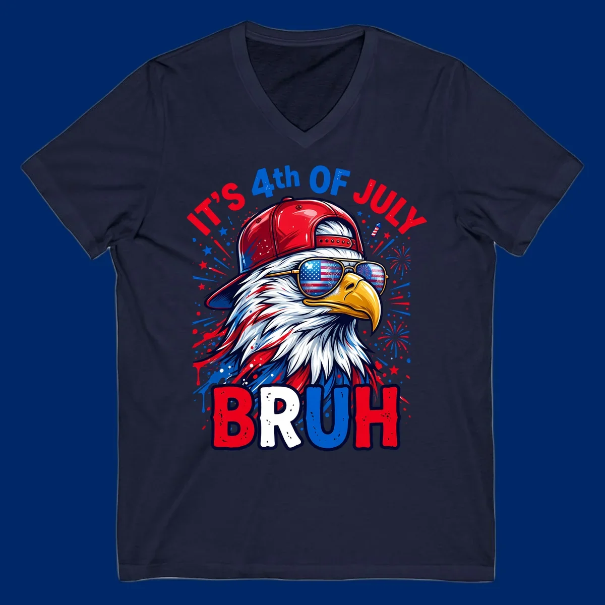 An illustrated bald eagle wearing a red cap and American flag sunglasses with fireworks and the text 'IT'S 4th OF JULY BRUH', emphasizing the fourth-of-july-bruh-eagle concept.