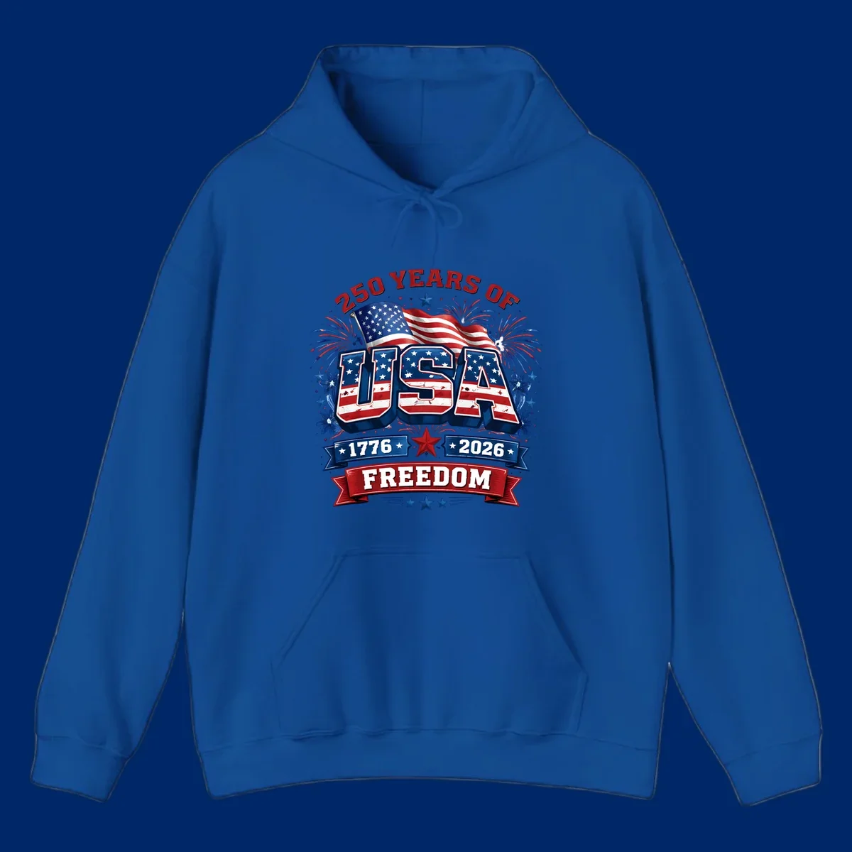 A vibrant patriotic design celebrating america-250-years-freedom with "USA" text, an American flag, fireworks, and "1776 2026 FREEDOM" banners.