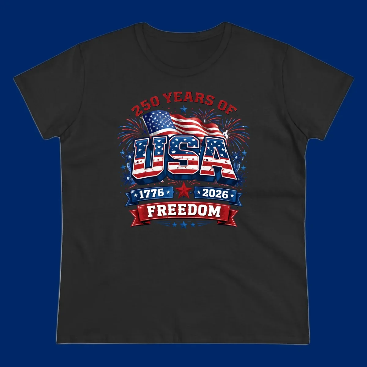 A vibrant patriotic design celebrating america-250-years-freedom with "USA" text, an American flag, fireworks, and "1776 2026 FREEDOM" banners.