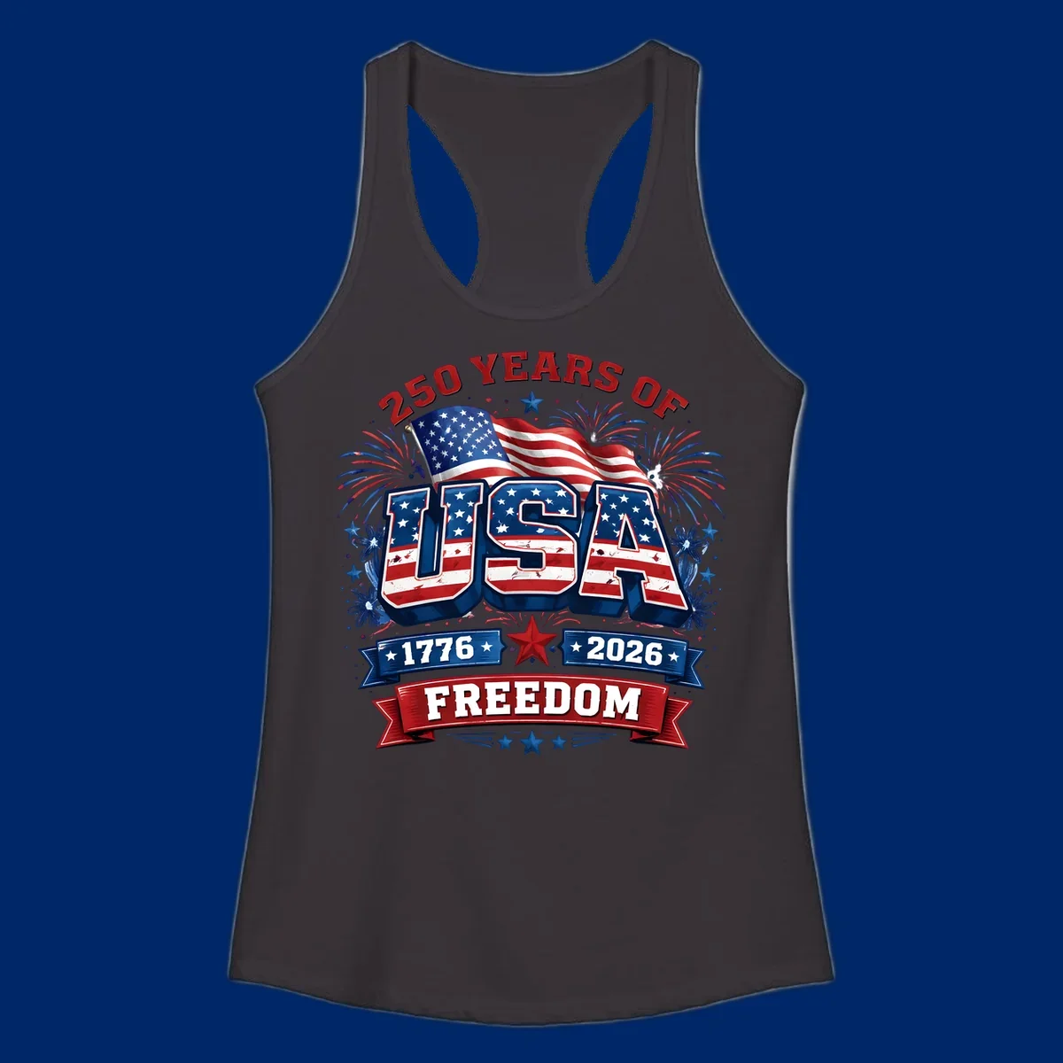 A vibrant patriotic design celebrating america-250-years-freedom with "USA" text, an American flag, fireworks, and "1776 2026 FREEDOM" banners.